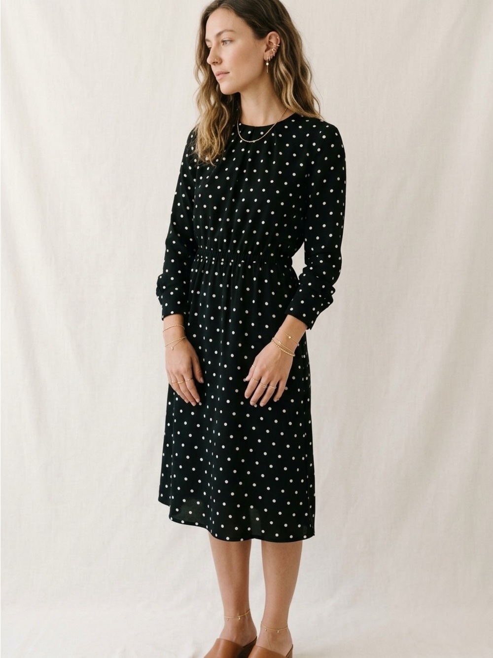 H&M Dark Green Polka Dot Dress Long Sleeve Fit Flare